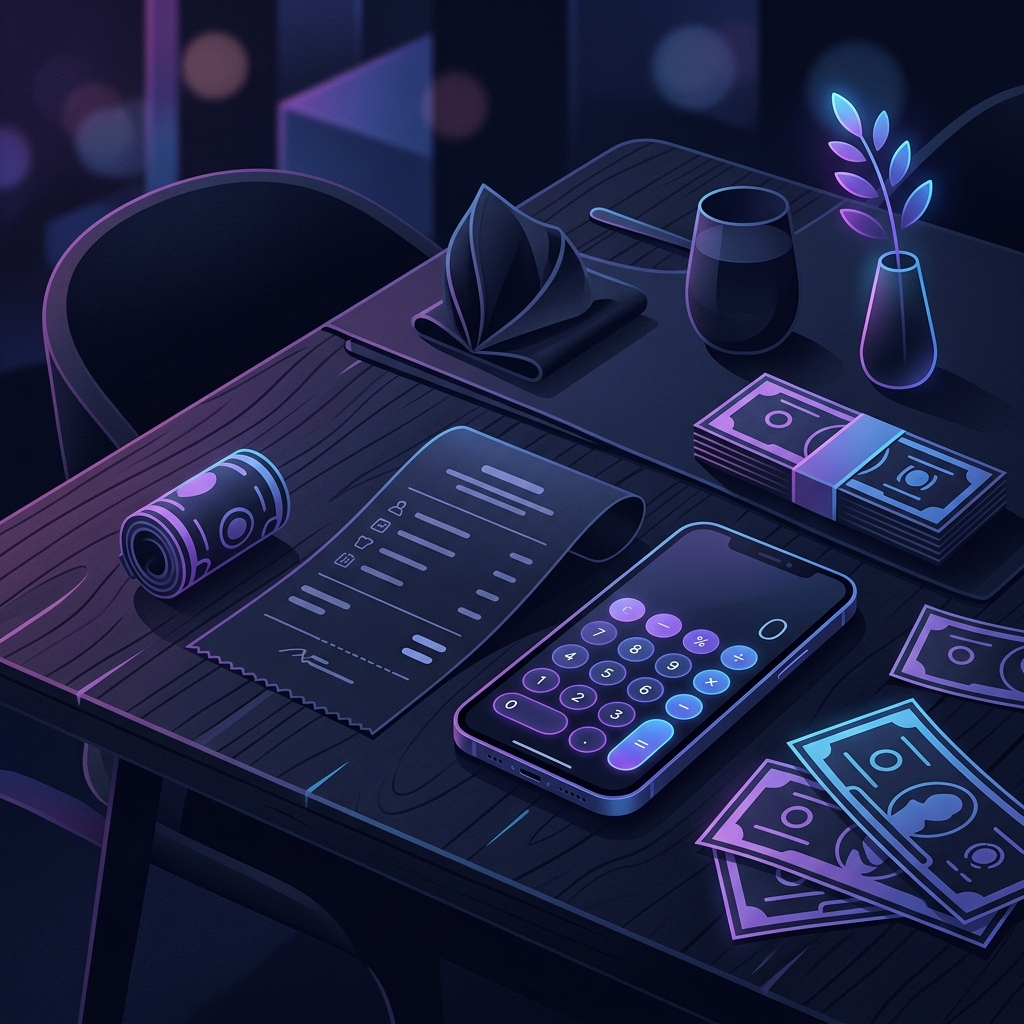 How to calculate a tip — restaurant table with receipt and calculator