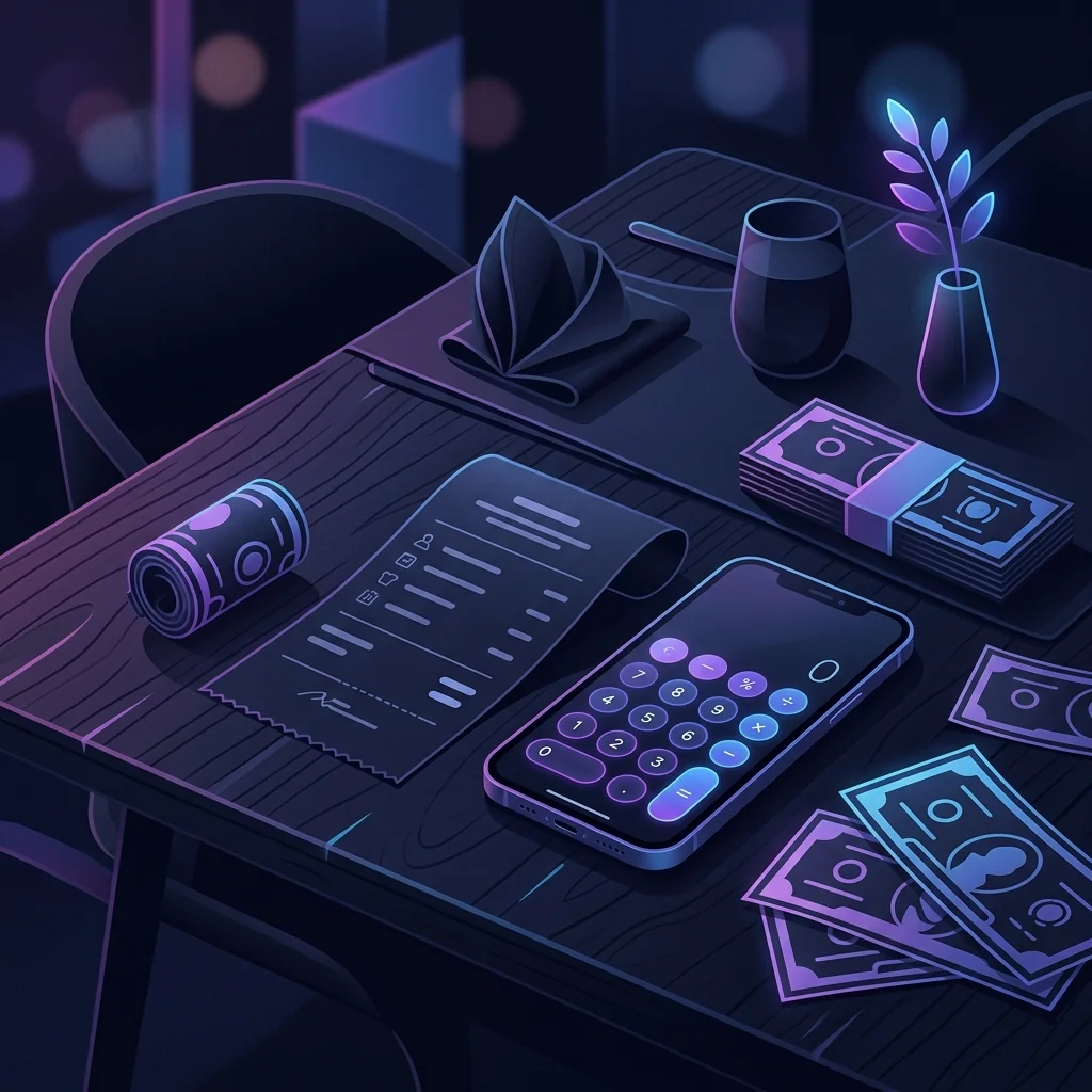 How to calculate a tip — restaurant table with receipt and calculator
